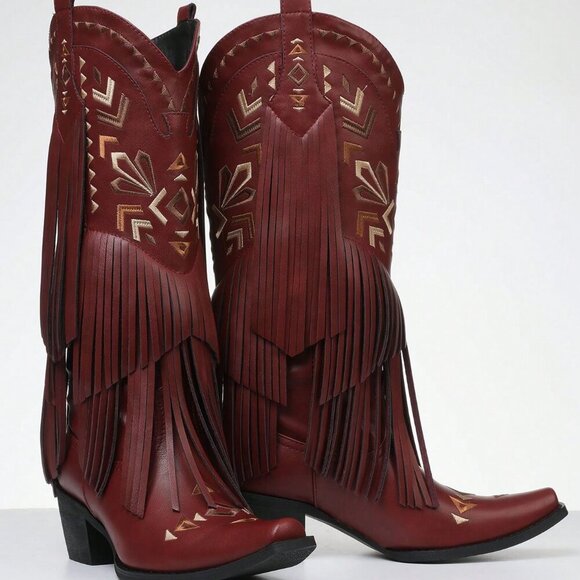 Burgundy Bohemian Women's Cowgirl Western Boots Fringe Tassel Chunky High Heels - Picture 6 of 6